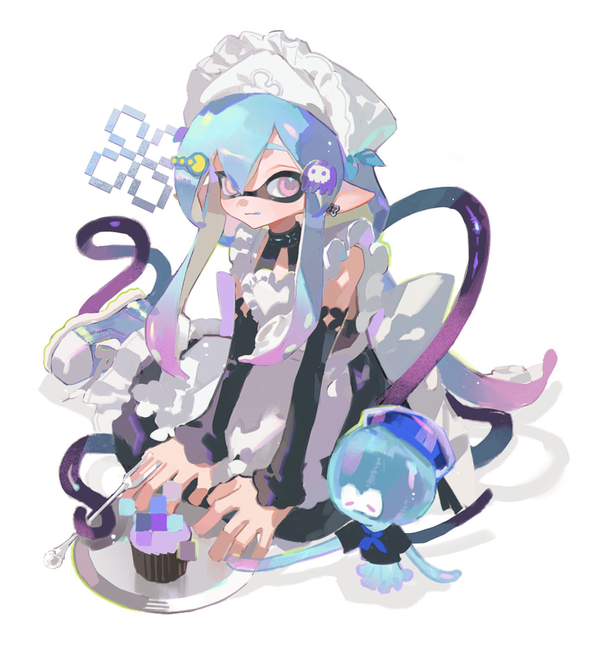 1boy, :q, alternate_costume, alternate_species, apron, arknights, back_bow, black_dress