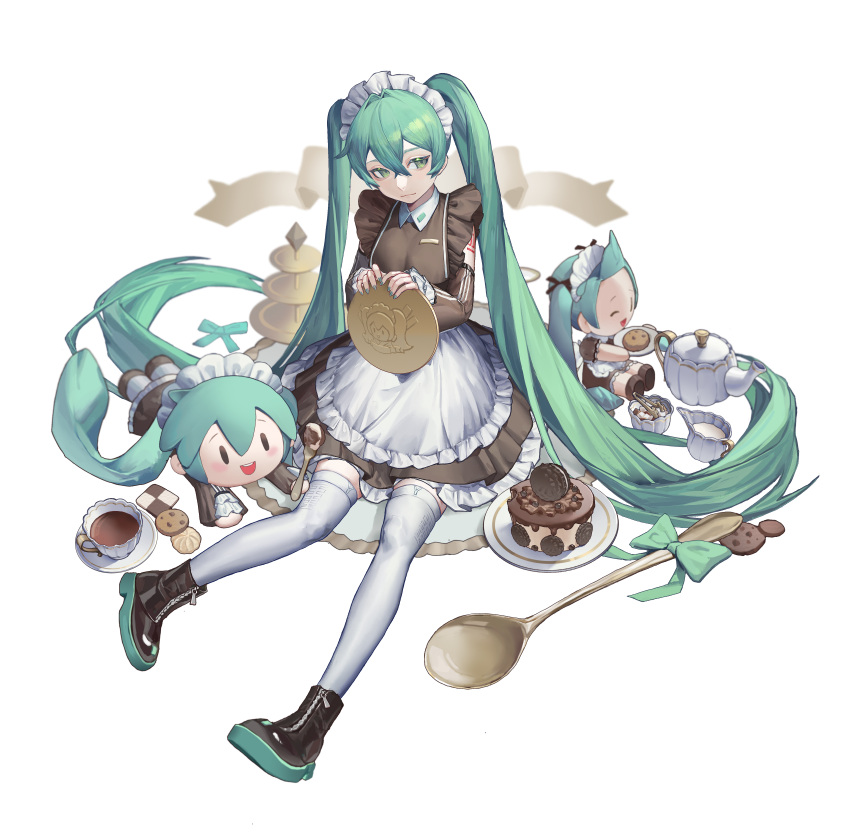 1girl, absurdres, alternate_costume, apron, aqua_eyes, aqua_hair, black_dress, black_footwear