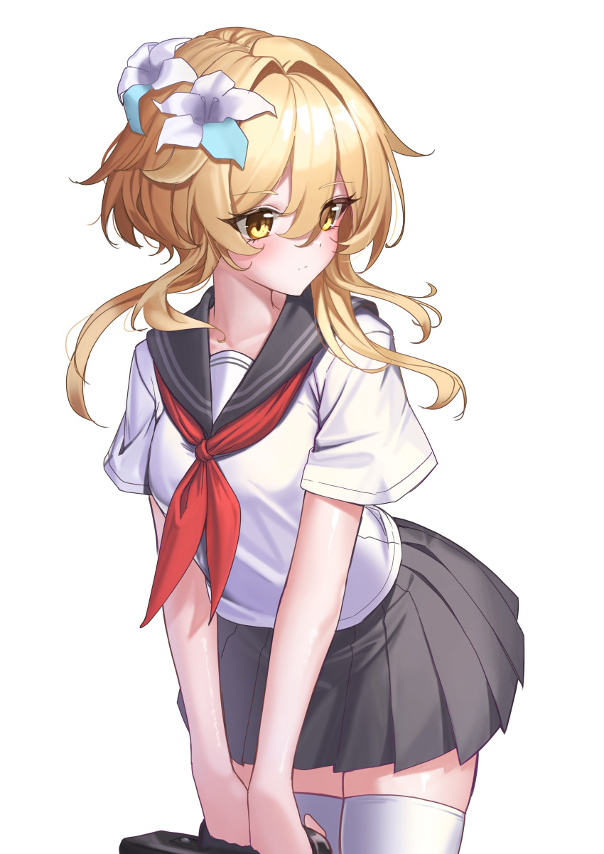 1girl, absurdres, alternate_costume, black_skirt, blonde_hair, breasts, commentary, cowboy_shot
