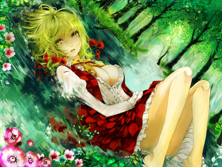 barefoot, blonde_hair, breasts, cleavage, flower, grass, green_hair, kazami_yuuka