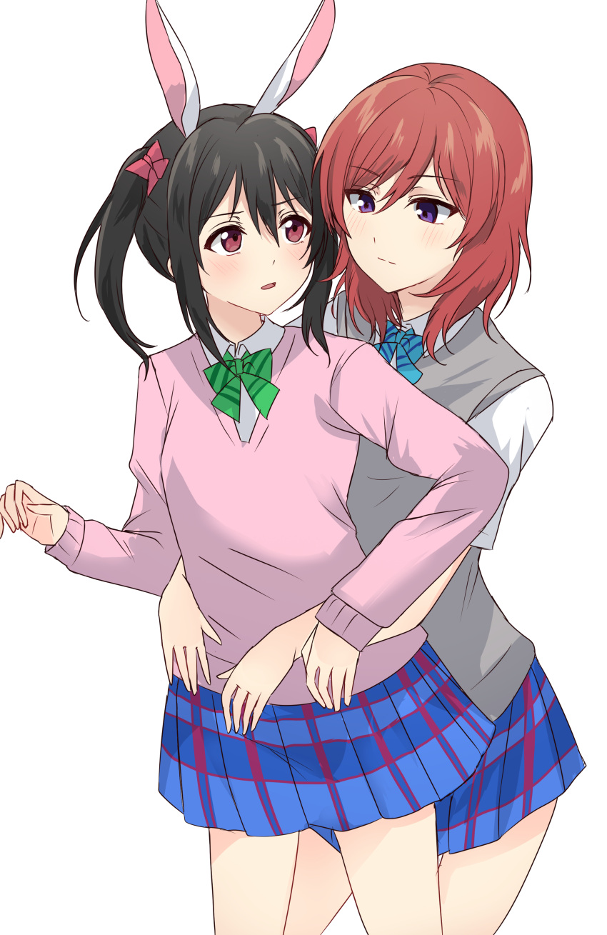 2girls, absurdres, animal_ears, black_hair, blue_bow, blue_bowtie, blue_skirt, blush