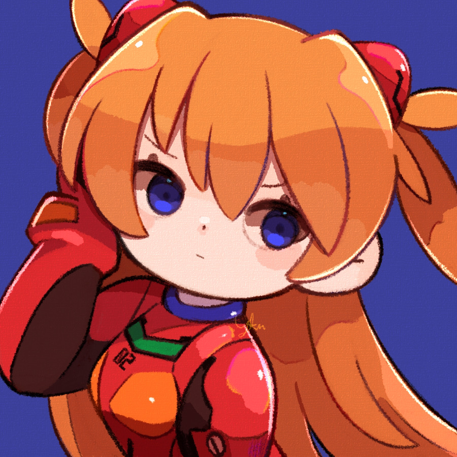 1girl, :|, blue_background, blue_eyes, bodysuit, closed_mouth, dot_nose, long_hair