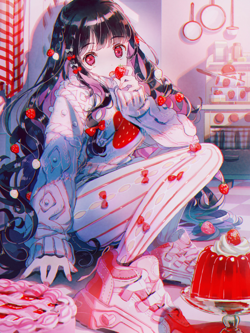 1girl, black_hair, cake, cooking_pot, cream, dot_nose, eating, food, fruit, gelatin, highres, holding, holding_food, holding_fruit, kitchen, long_hair, looking_at_viewer, nitanda_cona, open_mouth, original, red_eyes, red_theme, shoes, sieve, sitting, sneakers, solo, strawberry