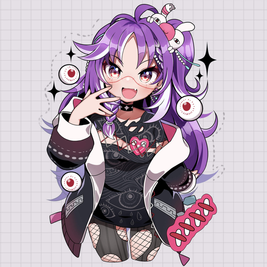 1girl, black_choker, black_jacket, black_shirt, blush, choker, eye_print, fang