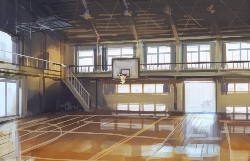 basketball_court, curtains, dark, day, doorway, highres, no_humans, original