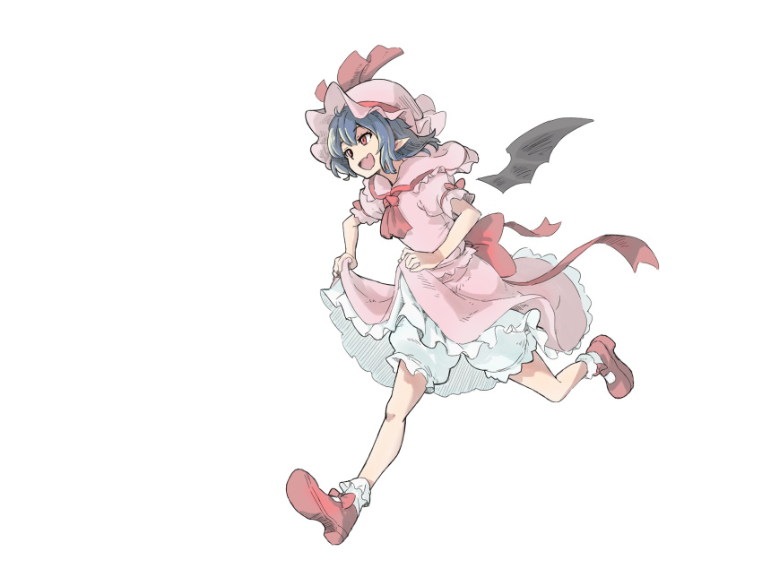 1girl, ascot, bat_wings, bifidus_(exkagerou8665), bloomers, clothes_lift, commentary_request, dress