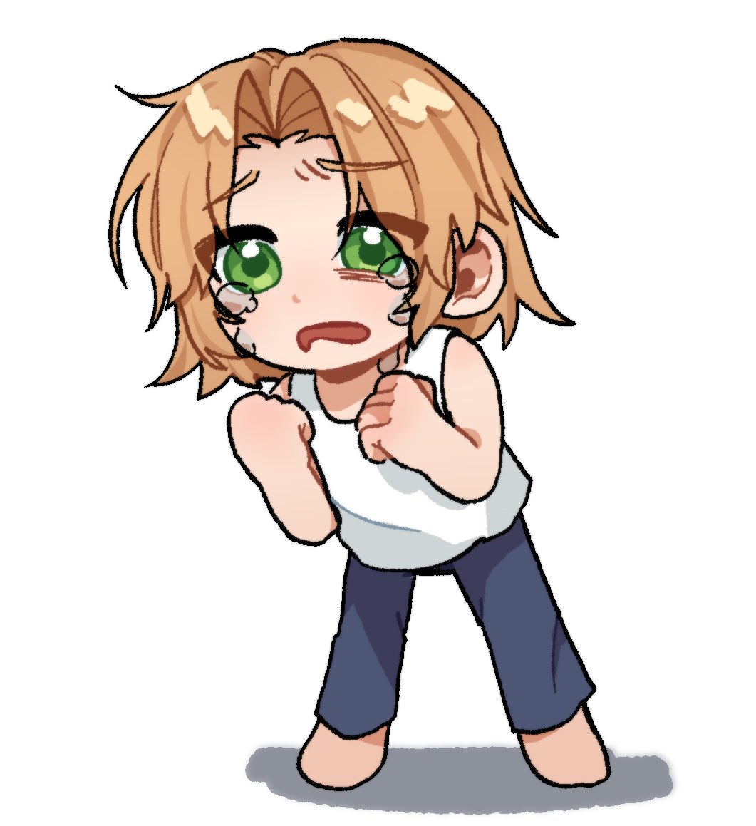 1boy, barefoot, blue_pants, brown_hair, commentary_request, crying, crying_with_eyes_open, deformed