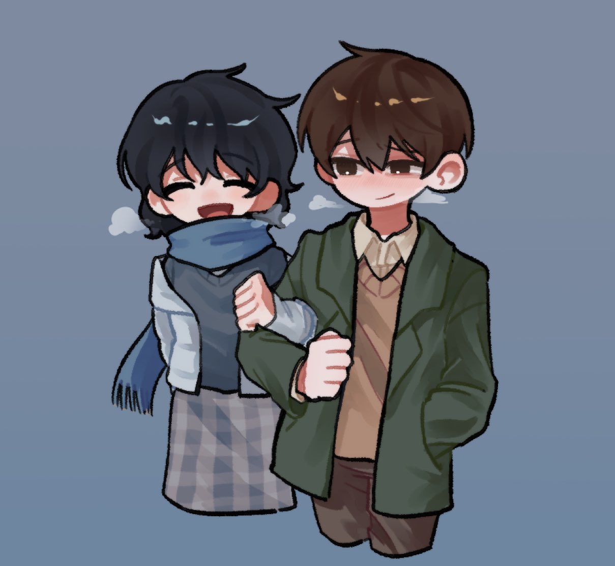 1boy, 1girl, black_hair, blue_background, blue_jacket, blue_scarf, blue_sweater, brown_eyes