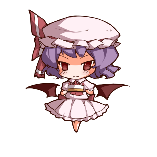 cake, chibi, fang, food, hat, noirly, purple_hair, red_eyes