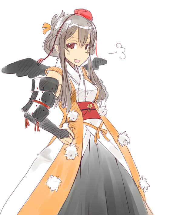 armored_dress, black_hair, bridal_gauntlets, brown_eyes, hat, japanese_clothes, long_hair, lord_tenma