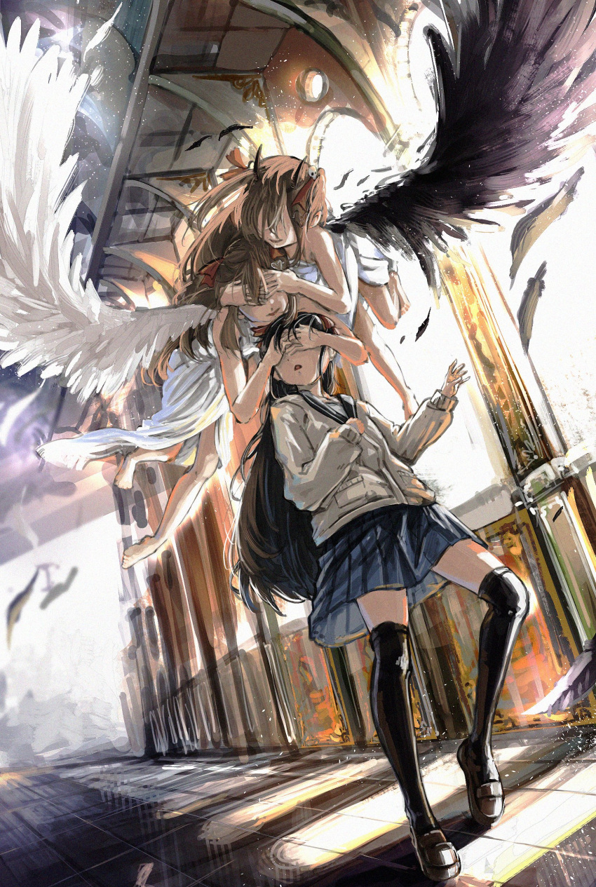 3girls, absurdres, angel, angel_wings, barefoot, brown_hair, cardigan, cloak