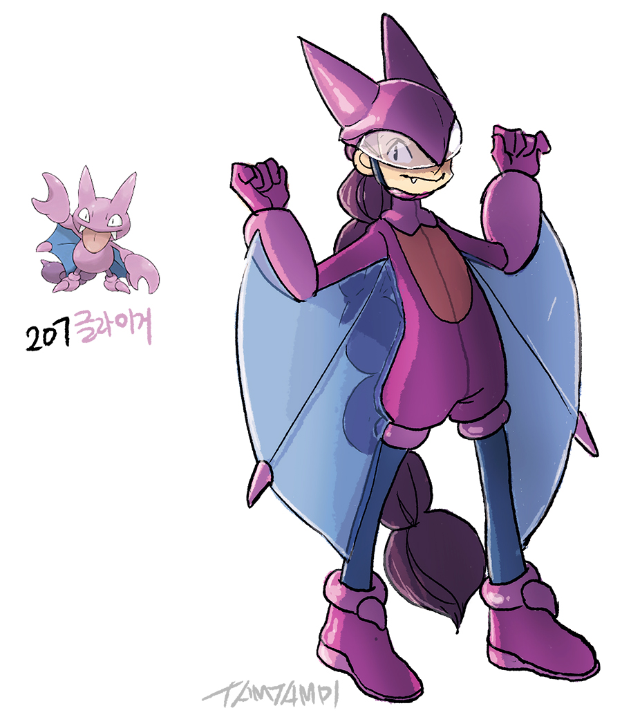 1girl, braid, closed_mouth, commentary, fang, full_body, gligar, hat