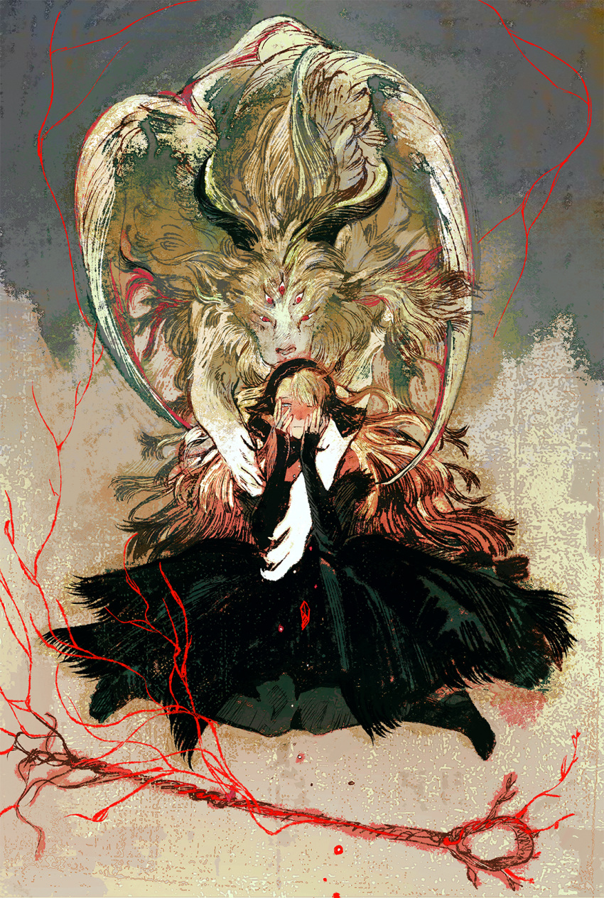 1girl, ambrosia_(dungeon_meshi), black_dress, blonde_hair, dress, dungeon_meshi, extra_eyes, full_body, fur-trimmed_dress, fur_trim, hands_on_own_cheeks, hands_on_own_face, highres, horns, long_hair, looking_at_viewer, marcille_donato, marcille_donato_(lord), monster, one_eye_closed, red_eyes, sitting, sleeves_past_wrists, staff, swept_bangs, wariza, winged_lion_(dungeon_meshi), wings, xia