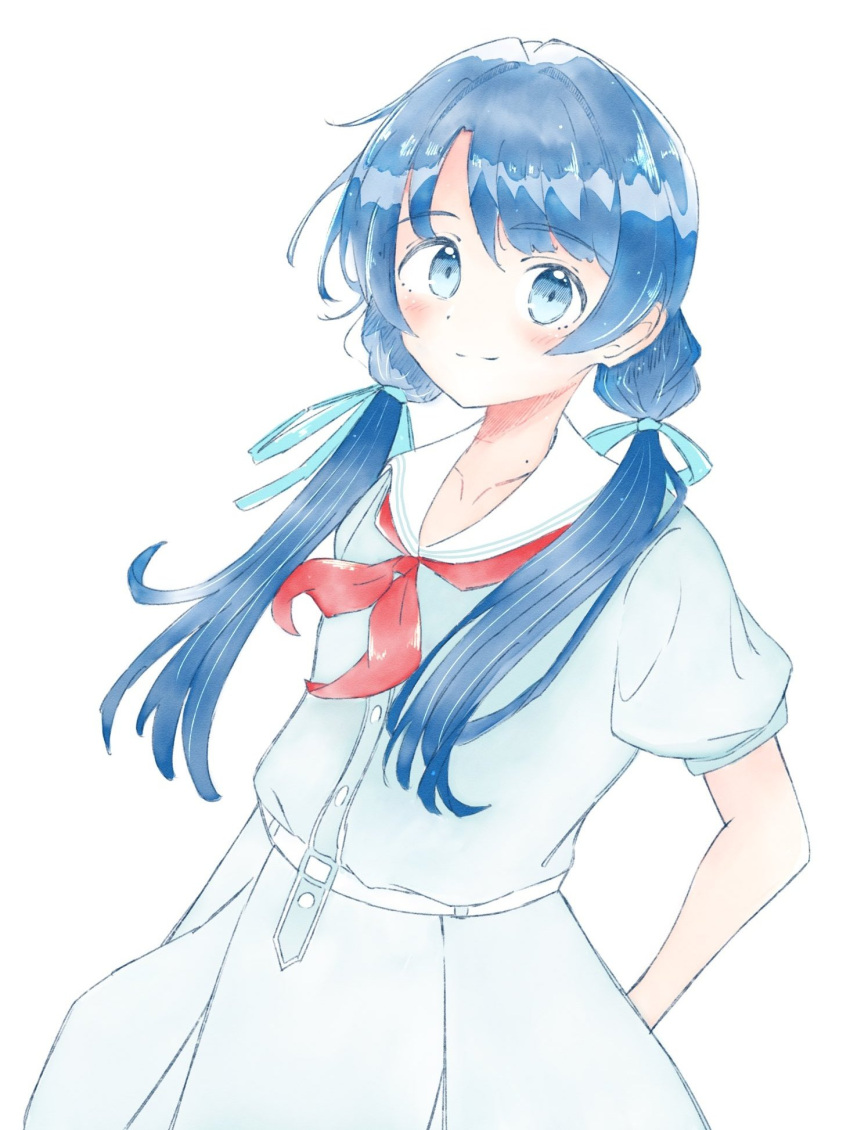 1girl, ameno_ryuu, arms_behind_back, blue_dress, blue_eyes, blue_hair, blue_ribbon, blush, closed_mouth, collarbone, commentary, cowboy_shot, dark_blue_hair, dress, hair_ribbon, hasu_no_sora_school_uniform, highres, link!_like!_love_live!, long_hair, looking_at_viewer, love_live!, low_twintails, mole, mole_on_neck, murano_sayaka, neckerchief, pleated_dress, puffy_short_sleeves, puffy_sleeves, red_neckerchief, ribbon, sailor_collar, sailor_dress, school_uniform, short_sleeves, simple_background, smile, solo, split_mouth, summer_uniform, twintails, virtual_youtuber, white_background, white_sailor_collar