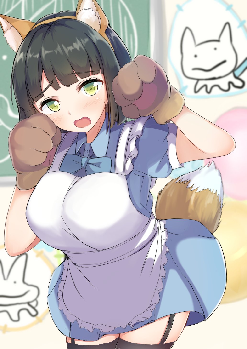1girl, animal_ear_hairband, animal_ears, animal_hands, apron, black_hair, black_thighhighs, blue_bow, blue_bowtie, blue_dress, blunt_bangs, blunt_ends, blurry, blurry_background, blush, bow, bowtie, breasts, chalkboard, collared_dress, commentary_request, cowboy_shot, doodles, dress, embarrassed, fake_animal_ears, fake_tail, fox_ears, fox_tail, frilled_apron, frills, garter_straps, gloves, green_eyes, hairband, highres, kaudon, large_breasts, link!_like!_love_live!, love_live!, maid_apron, momose_ginko, official_alternate_costume, open_mouth, paw_gloves, paw_pose, puffy_short_sleeves, puffy_sleeves, short_dress, short_hair, short_sleeves, solo, tail, thigh-highs, virtual_youtuber, welcoming, white_apron, zettai_ryouiki