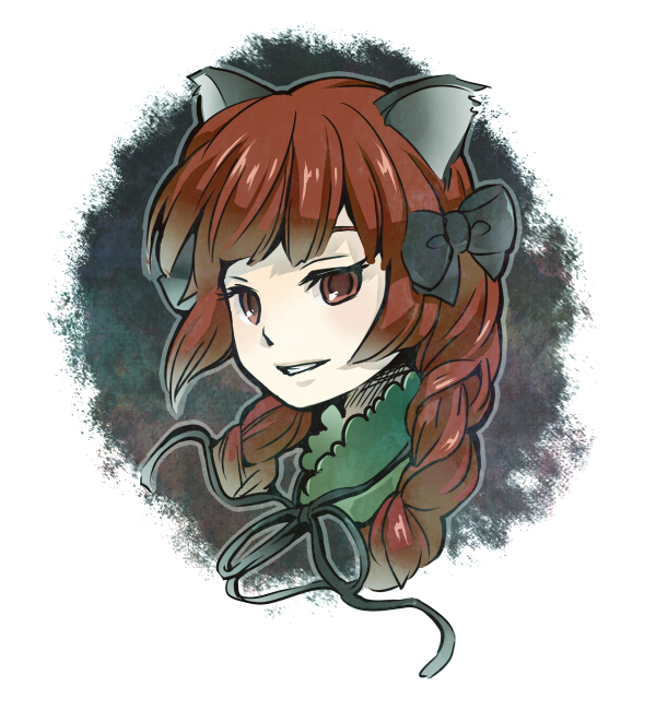bad_id, braid, cat_ears, kaenbyou_rin, portrait, red_eyes, red_hair, redhead