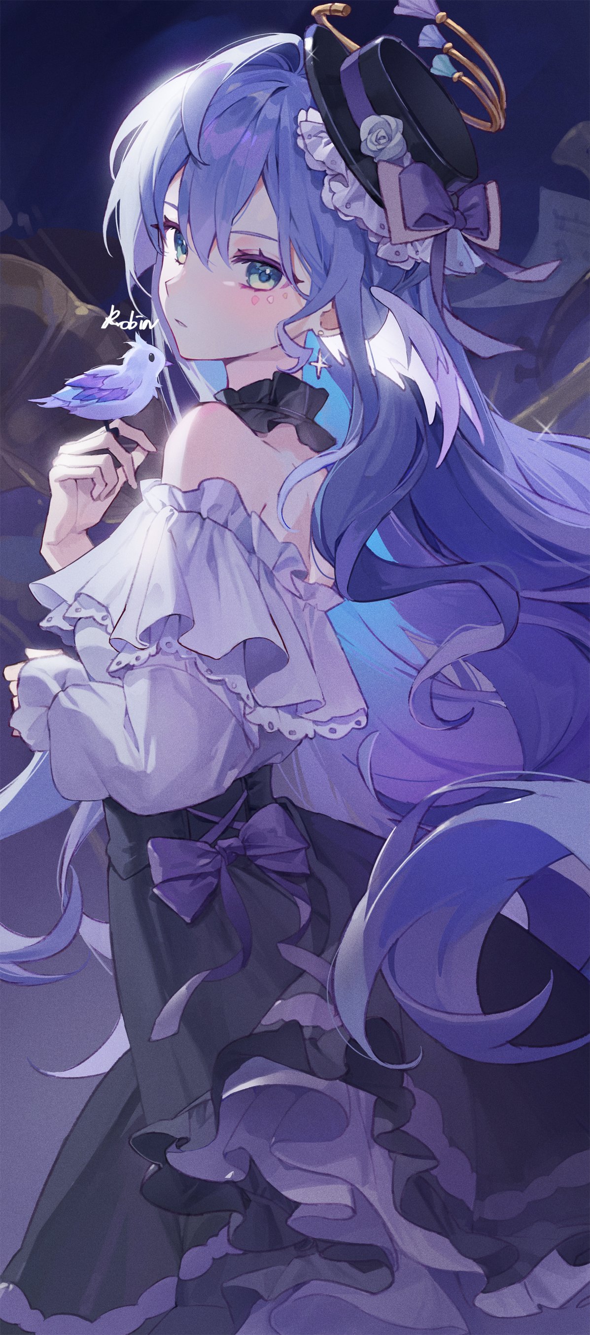 1girl, absurdres, alternate_costume, aqua_eyes, bare_shoulders, bird, bird_on_hand, black_dress