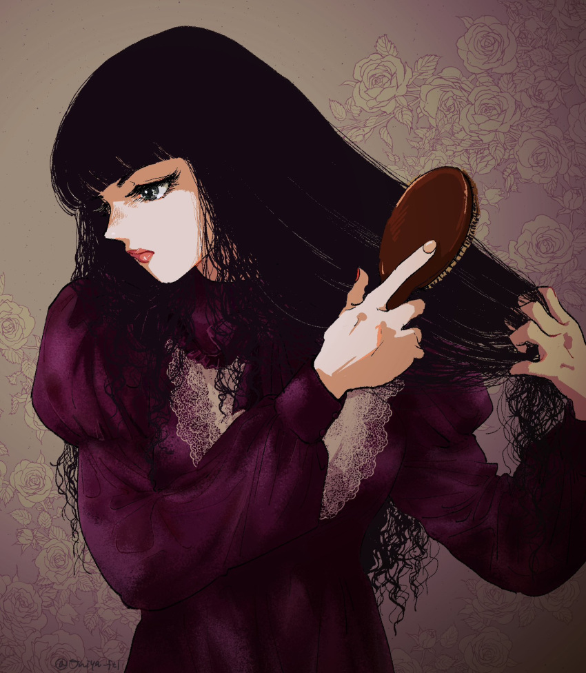 1girl, black_hair, brushing_hair, dress, floral_background, grey_eyes, hair_brush, highres