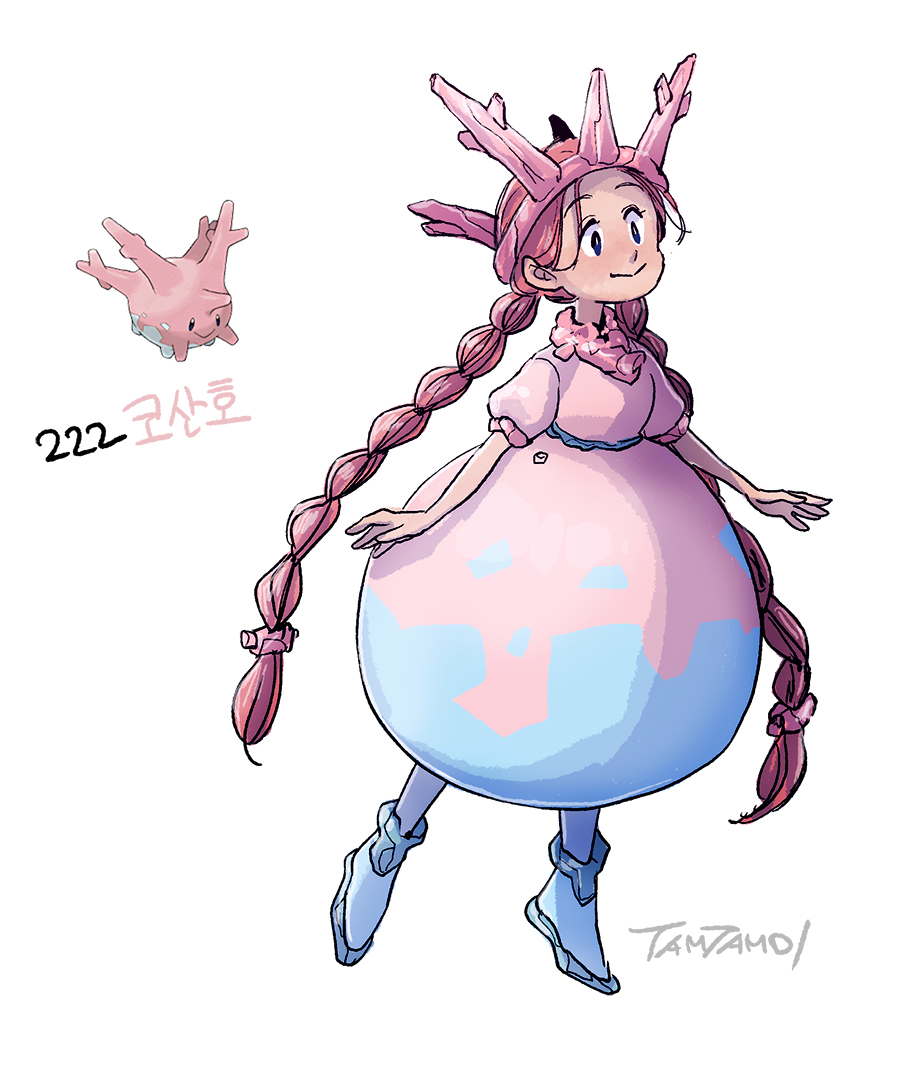 1girl, black_eyes, blue_footwear, braid, bright_pupils, closed_mouth, commentary, corsola