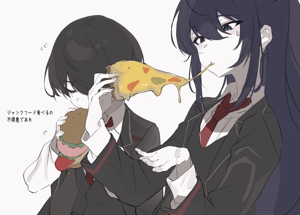 2boys, black_coat, black_hair, burger, burger_malfunction, cheese_trail, coat, collared_shirt