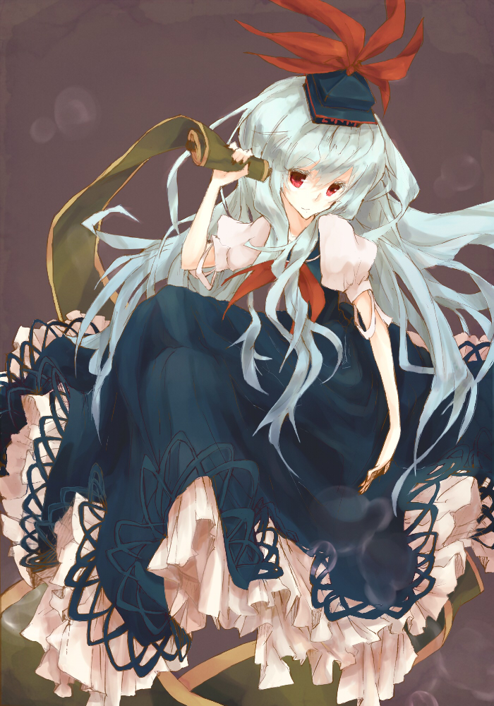 1girl, bad_hands, blue_dress, blue_hair, blue_hat, brown_background, closed_mouth, dress
