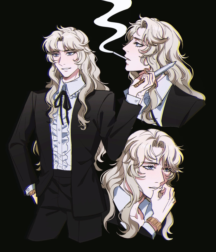 1girl, androgynous, asaka_rei, black_background, black_coat, black_pants, black_ribbon, blonde_hair, blowing_smoke, blue_eyes, coat, crossdressing, frills, highres, holding, holding_smoking_pipe, long_hair, looking_to_the_side, oniisama_e..., oratoza, pants, reverse_trap, ribbon, shirt, simple_background, smile, smoke, smoking, smoking_pipe, watch, wavy_hair, white_shirt