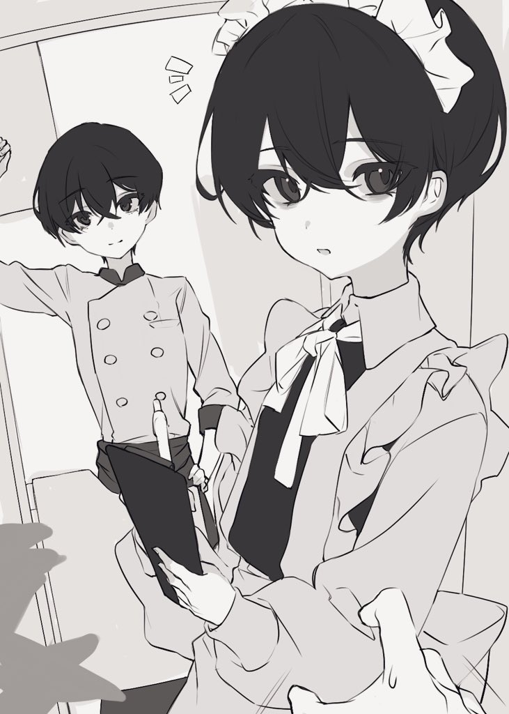 2boys, apron, black_eyes, black_hair, buttons, chef, colored_skin, double-breasted