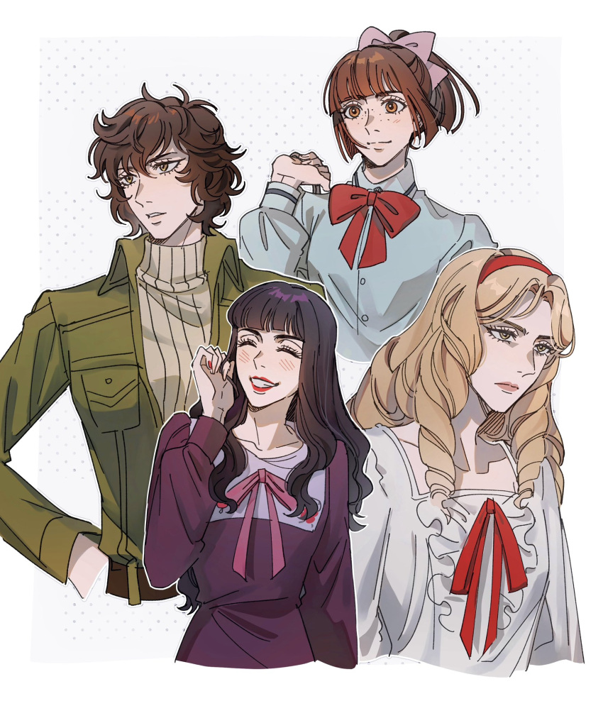 4girls, androgynous, arikura_tomoko, belt, black_hair, blonde_hair, blue_shirt, blush