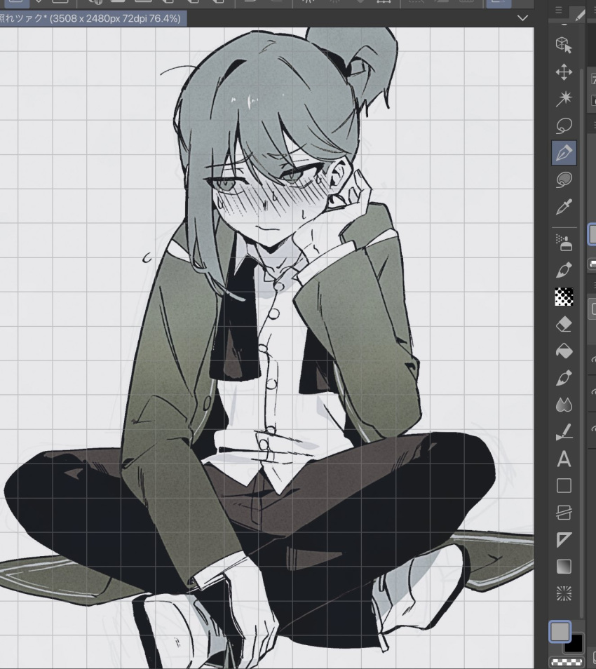 1boy, blush, closed_mouth, coat, collared_shirt, crossed_legs, folded_ponytail, full_body