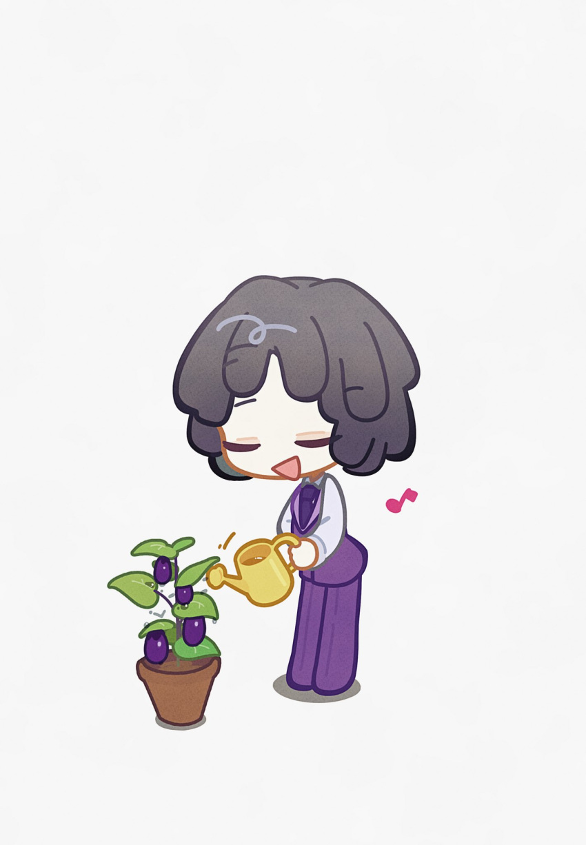1other, closed_eyes, dreadlocks, eggplant, hagan_tw, highres, holding, holding_watering_can