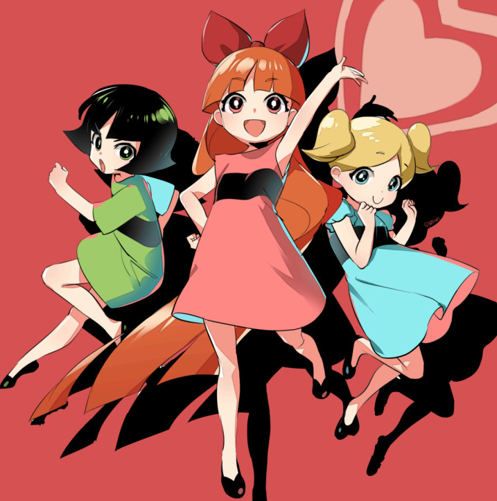 3girls, arm_up, black_footwear, blonde_hair, blossom_(ppg), blue_dress, blue_eyes, bow, bubbles_(ppg), buttercup_(ppg), closed_mouth, dress, drop_shadow, full_body, green_dress, green_eyes, long_hair, multiple_girls, open_mouth, orange_hair, pink_dress, powerpuff_girls, red_bow, red_eyes, sansintei_auto, short_twintails, siblings, sisters, smile, twintails, very_long_hair