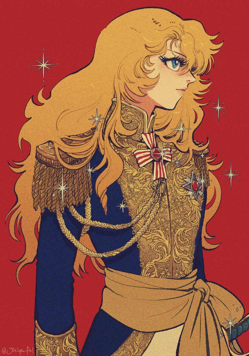 1970s_(style), 1girl, absurdres, aiguillette, androgynous, aristocratic_clothes, blonde_hair, blue_eyes