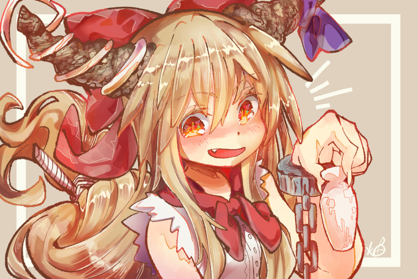 1girl, bare_shoulders, blush, bow, brown_background, chain, fang, hair_bow