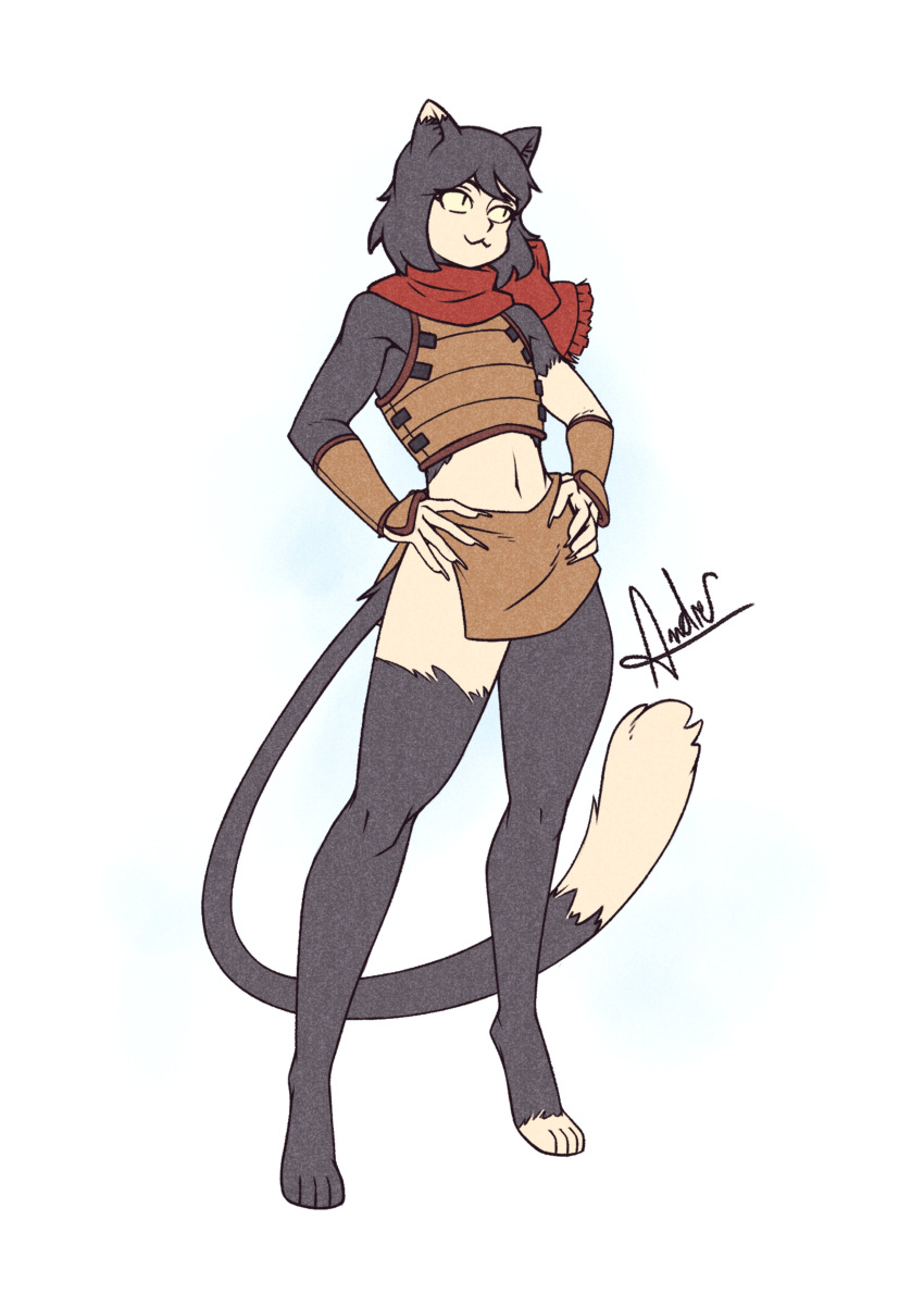 1girl, absurdres, animal_ears, animal_legs, black_hair, body_fur, cat_ears, cat_girl, cat_tail, crop_top, dungeon_meshi, full_body, hands_on_own_hips, highres, izutsumi, legs, midriff, monster_girl, pelvic_curtain, red_scarf, scarf, short_hair, simple_background, slit_pupils, tail, vladandre, white_background