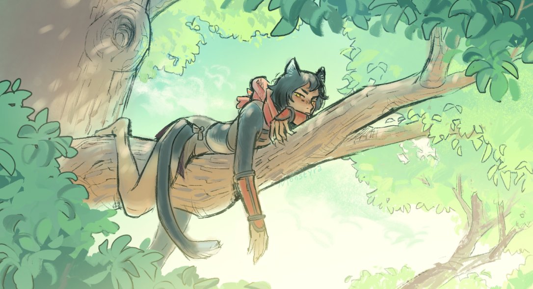 1girl, animal_ears, black_hair, cat_ears, cat_girl, cat_tail, crop_top, dungeon_meshi, izutsumi, lying, lying_on_branch, monster_girl, monstyra, on_stomach, red_scarf, scarf, short_hair, tail, tree, yellow_eyes