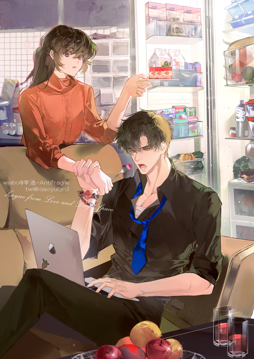 1boy, 1girl, apple, asymmetrical_bangs, bandaged_chest, bandages, bell_pepper, black_hair
