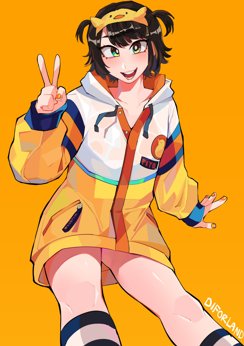1girl, absurdres, artist_name, black_socks, bright_pupils, brown_hair, diforland, duck_hair_ornament