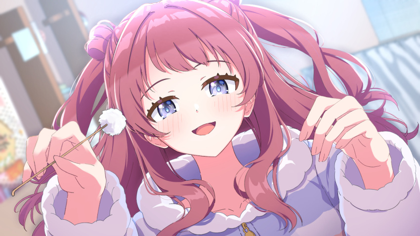 1girl, blush, collarbone, commentary_request, dutch_angle, fur_jacket, gakuen_idolmaster, hanami_saki