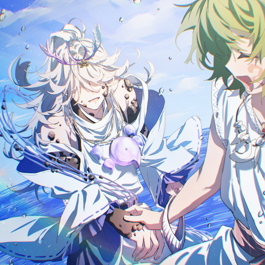 1boy, 1girl, azumi-no-isora_(fate), blue_sky, bracelet, clothing_cutout, coral, coral_hair_ornament