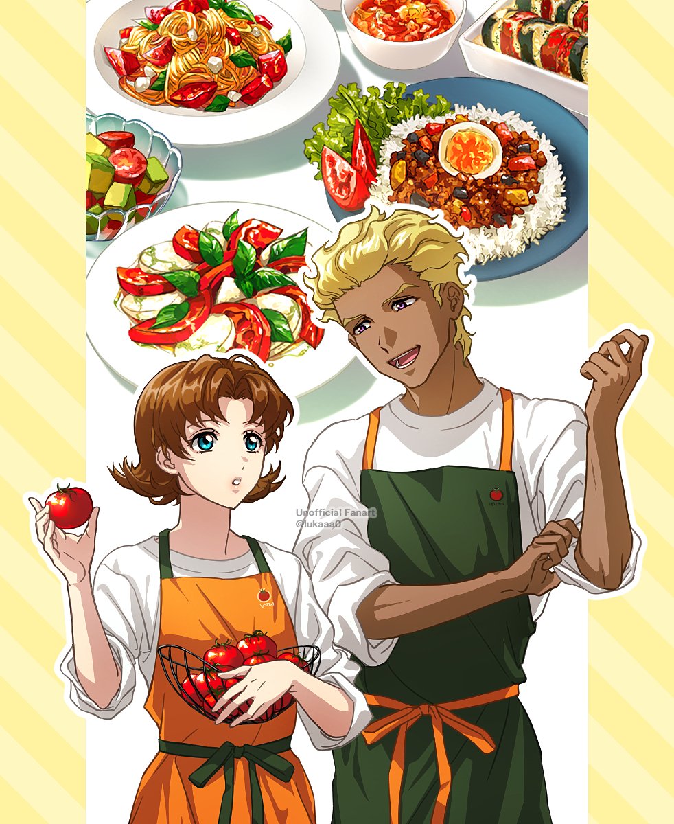 1boy, 1girl, apron, avocado, basket, blonde_hair, blue_eyes, bob_cut