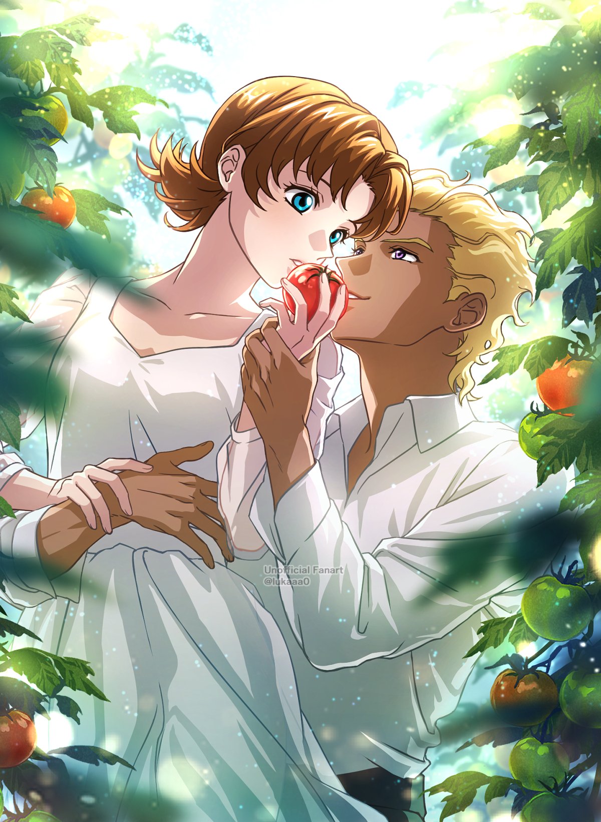 1boy, 1girl, adam's_apple, blonde_hair, blue_eyes, blurry, blurry_background, bob_cut