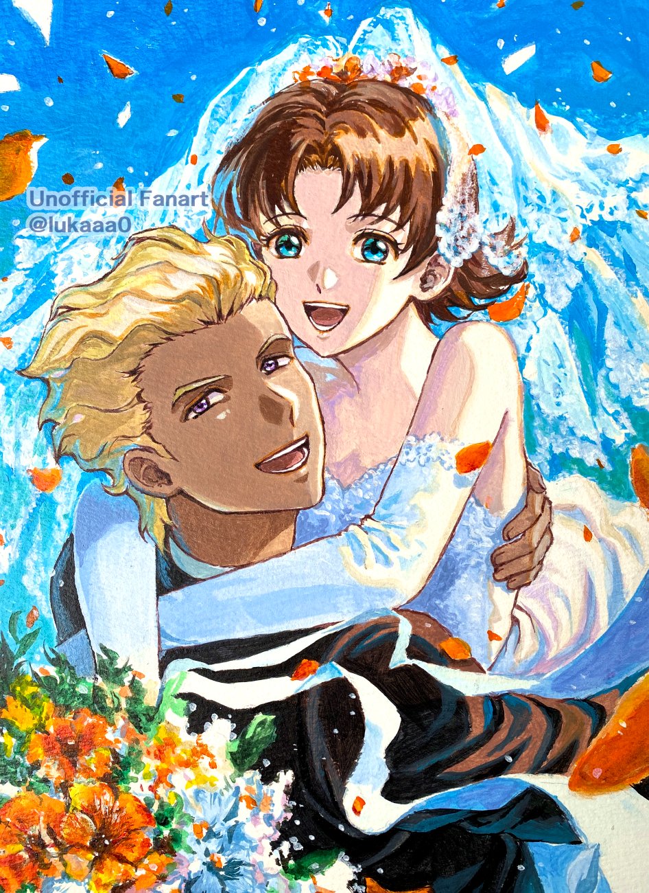 1boy, 1girl, bare_shoulders, black_jacket, blonde_hair, blue_eyes, blue_sky, bouquet, bridal_veil, brown_hair, business_suit, celebration, collarbone, confetti, couple, dark-skinned_male, dark_skin, dearka_elsman, dress, flirting, flower, flying_paper, gloves, gundam, gundam_seed, gundam_seed_destiny, gundam_seed_freedom, hands_on_another's_back, hands_on_another's_shoulders, hands_on_another's_waist, highres, holding, holding_bouquet, holding_flower, hug, jacket, lukaaa, marriage_proposal, mature_female, mature_male, miriallia_haw, open_mouth, paper, parted_bangs, sky, suit, swept_bangs, veil, wedding, wedding_dress, white_gloves