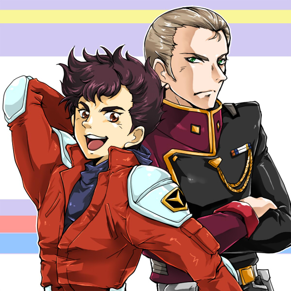2boys, arm_up, brown_hair, crossed_arms, elbow_pads, green_eyes, hair_slicked_back, jacket