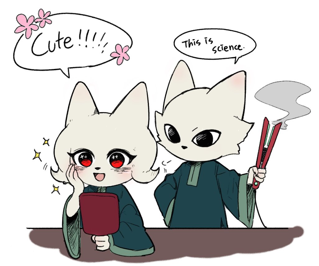 1boy, 1girl, black_eyes, blue_tunic, blush, brother_and_sister, cat_boy, cat_girl