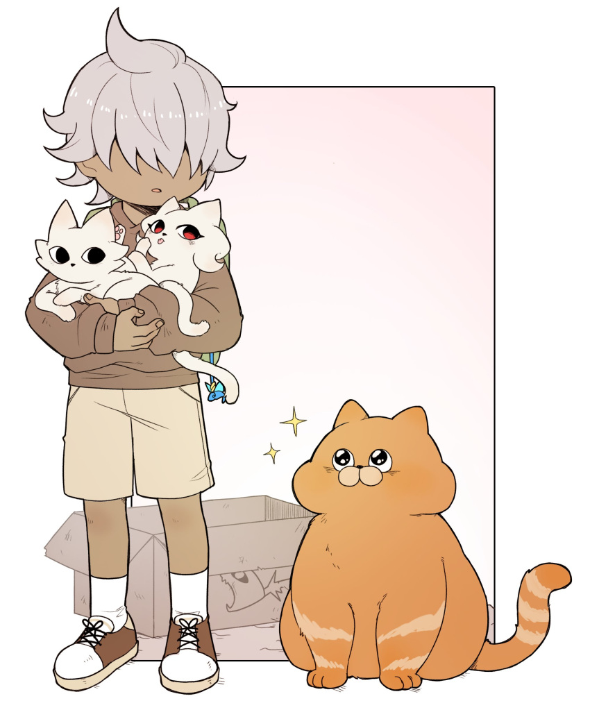 1boy, absurdres, animal, animalization, backpack, bag, box, brown_sweater