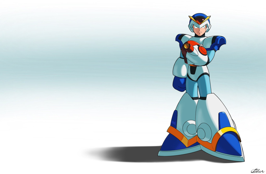 1boy, android, arm_cannon, armor, blue_helmet, first_armor_x_(mega_man), forehead_jewel, full_body