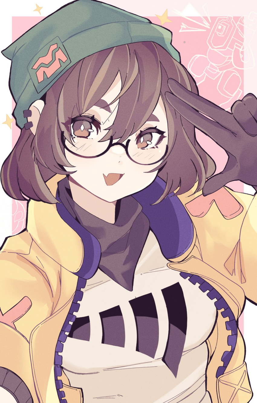 1girl, animification, beanie, black_gloves, black_pants, border, breasts, brown_eyes