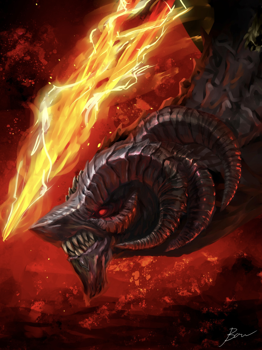 absurdres, bayle_the_dread, colored_sclera, dragon, elden_ring, elden_ring:_shadow_of_the_erdtree, electricity, fantasy, hanekura_bou, highres, horns, monster, multiple_horns, no_humans, red_background, red_sclera, scales, sharp_teeth, spectral, teeth