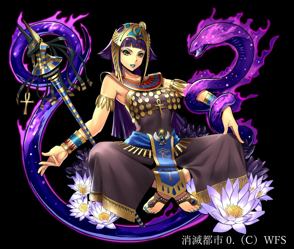 ancient_egyptian_hat, anubis_(mythology), bare_shoulders, black_background, blue_lips, blue_nails, bracelet, character_request