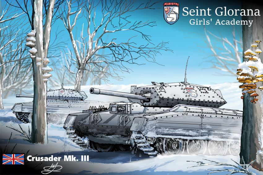 cannon, caterpillar_tracks, crusader_(tank), day, emblem, girls_und_panzer, hans_(pixiv_37537768), military_vehicle